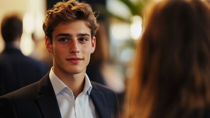 Poster - Detailed shot of a young businessman at a networking event, engaging in conversation and exchanging business cards, reflecting a dynamic professional interaction.