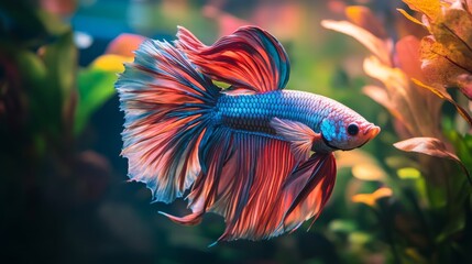 Poster - Detailed view of a majestic Betta fish with a full display of its colorful fins and dynamic posture, set against a lush underwater plant backdrop.