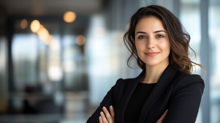 Confident businesswoman in professional attire posing with arms crossed in modern office environment, showcasing leadership and success.