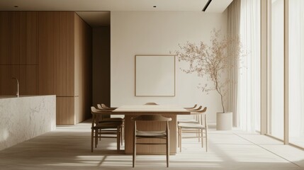 Poster - Detailed view of a minimalistic dining area with a simple table, elegant chairs, and understated decor, creating a refined and open dining space.