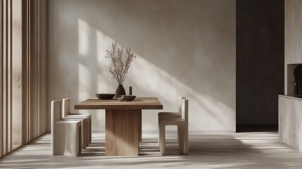 Poster - Detailed view of a minimalistic dining area with a simple table, elegant chairs, and understated decor, creating a refined and open dining space.