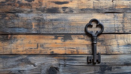 Antique Key On Rustic Wooden Background.