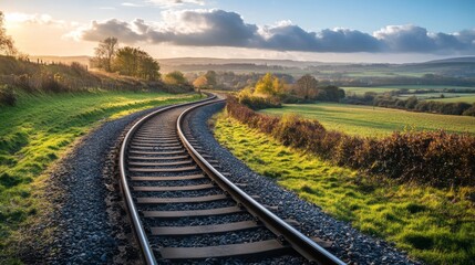 Poster - Detailed view of a railway track curving through a scenic countryside, with emphasis on the tracks, surrounding fields, and distant hills.