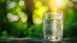 © wacharagorn - A clear glass of sparkling water with bubbles, set against a beautiful nature background with soft sunlight.