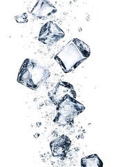 Poster - Splashing crystal clear ice cubes cooling off in refreshing water splash  Icy cold transparent glossy ice cubes creating a refreshing wet and chilling background