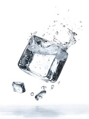 Poster - Splashing glass of chilled and refreshing beverage with ice cubes in dynamic motion creating a sense of transparency fluidity and purity