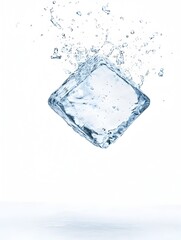 Poster - Splashing ice cube in midair surrounded by water droplets and rippling waves creating a dynamic and abstract frozen movement pattern with a transparent chilly and refreshing look