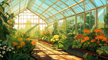 Bright and colorful greenhouse filled with tropical plants and flowers under a glass roof