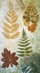 Sticker - Botanical Art -  Golden Leaves and Ferns on a Textured Background.