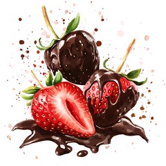 Wall Mural - Watercolor Illustration of Chocolate Covered Strawberries with Dripping Chocolate Sauce.