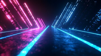 Poster - Surreal neon arrow light effect moving through a dystopian cityscape with an iridescent color scheme and cinematic presentation digital painting technique with Afrofuturism influence