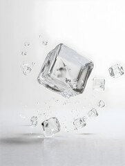 Poster - Transparent and glistening crystal ice cube suspended in the air casting reflections on a smooth and glossy surface creating an abstract and minimalist design