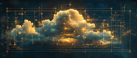 Intricate cloud network diagram drawn in vintage blueprint style, glowing data nodes on aged parchment, retro technical illustration with detailed connections