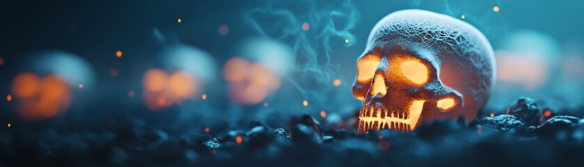 A glowing skull surrounded by mist, highlighting themes of mystery, Halloween, and the supernatural in a dark, atmospheric setting.