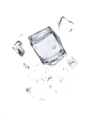 Poster - Transparent ice cube suspended in a minimalist studio setting showcasing the geometric crystal clear form and reflecting the bright clean background  This abstract