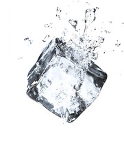 Poster - Transparent ice cube with splashing water droplets frozen in motion against a plain white background  Conceptual still life displaying the clarity and fluidity of water in its solid and liquid forms