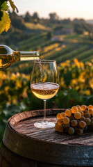 A wine bottle is pouring white wine into glass, surrounded by lush vineyards and ripe grapes. scene captures essence of fermentation and beauty of nature