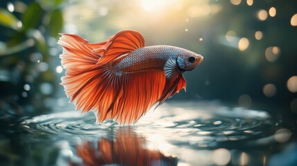 Poster - High-definition shot of a Betta fish showcasing its unique fin patterns and vibrant colors, with gentle ripples in the water adding to the serene atmosphere.