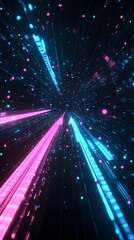 Poster - Vibrant Abstract Arrow Speed Motion Light Effect with Glowing Blue and Pink Trails Against a Black Background Dynamic and Energetic Generative Visuals