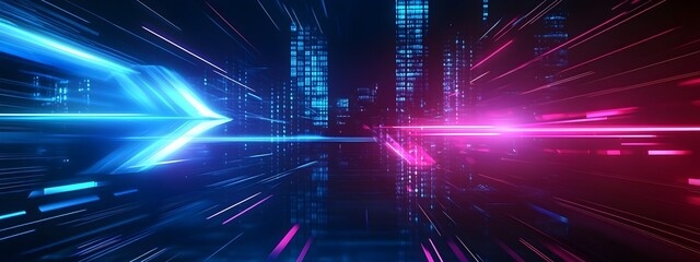 Poster - Vibrant Digital of an Abstract Arrow Speed Motion Light Effect with Glowing Blue and Pink Hues on a Dark Background