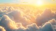 A breathtaking view of fluffy white clouds illuminated by golden sunlight, creating a serene heavenly atmosphere