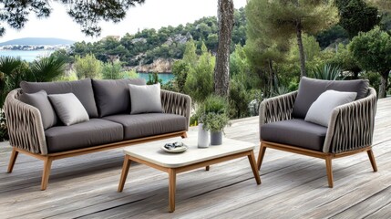 A modern outdoor furniture set features two wooden-framed sofas with gray cushions and a natural wood coffee table, perfect for enjoying summer days by the sea