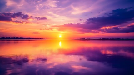 A breathtaking sunset sky painting the horizon with vibrant oranges and purples, casting a warm glow over a tranquil lake