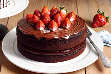 This delicious chocolate cake with strawberries is mouth-watering.