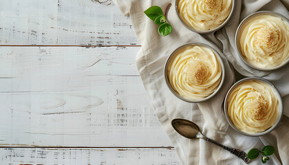 Canvas Print - vanilla puddings on light wooden table background