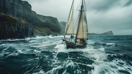 Sailboat leaning dramatically in strong winds, navigating rough waters with rugged Icelandic landscapes in the background