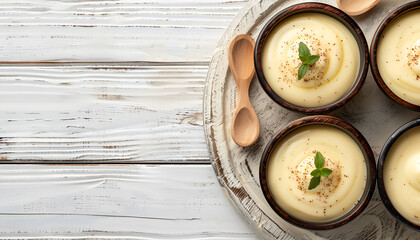 Canvas Print - vanilla puddings on light wooden table background