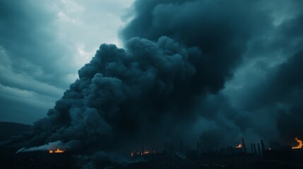 Poster - High-definition shot of dark, billowing smoke from an industrial fire, with an emphasis on the scale and intensity of the smoke cloud.