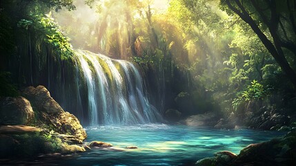 Wall Mural - Sunlight filtering through the dense canopy above, illuminating the clear blue water of the waterfall in a tranquil jungle setting