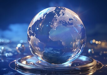 Glass Sphere with World Map Inside Highlighting Global Trade and Business Growth Through B2B Marketing. Viewed from Above Against Isolated Blue Background