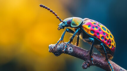 Poster - High-resolution close-up of a colorful beetle on a branch, highlighting its vivid patterns and glossy exoskeleton against a contrasting background.