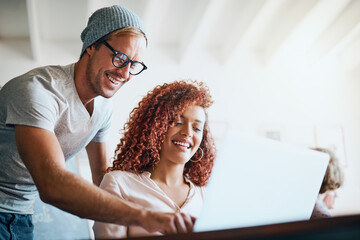 Aufkleber - Manager, happy woman and laptop for web design, advice and learning for training in office. Technology, smile or employee in new job with support or team leader for digital project at creative agency