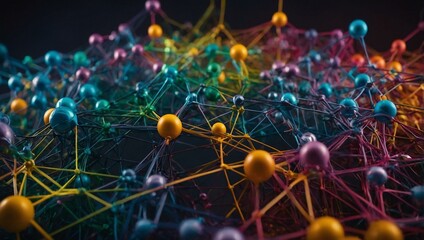 Wall Mural - Network structure with colorful spheres connecting in an abstract formation.