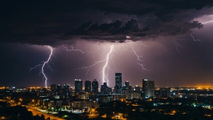 Canvas Print - Night sky with lightning over city skyline.