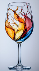 A wine glass filled with swirling blend of vibrant colors creates stunning visual effect, showcasing beauty of liquid movement and artistic expression