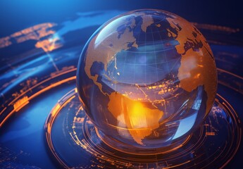 Wall Mural - Glass Sphere with World Map Inside, Highlighted by Orange Light from Behind, Against a Blue and White Background. Emphasizes Global Technology, Corporate Culture