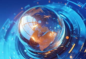 Wall Mural - Glass Sphere with World Map Inside, Highlighted by Orange Light from Behind, Against a Blue and White Background. Emphasizes Global Technology, Corporate Culture