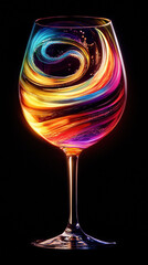 A vibrant wine glass filled with swirling blend of colors creates mesmerizing visual effect, showcasing beautiful interplay of light and color