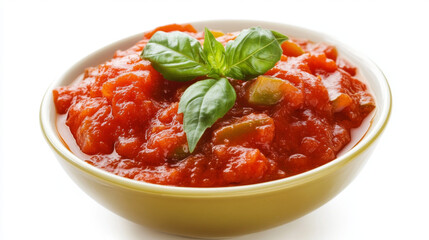 A bowl of tomato sauce is shown against a white background.