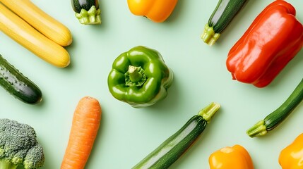 Wall Mural - A vibrant flat lay of assorted fresh vegetables including bell peppers, carrots, and zucchini arranged on a light solid color background