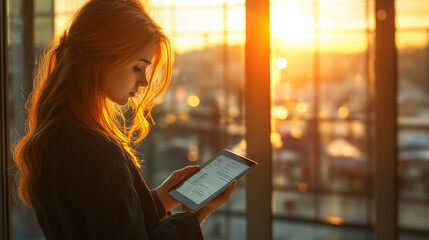 businesswoman with a digital tablet, embodying professionalism and modern success, stands in a bright, modern office, showcasing her expertise and elegance