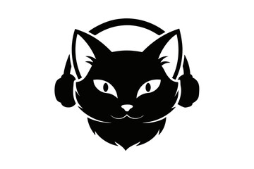 Wall Mural - Cat head wearing headphones silhouette black color  vector art illustration