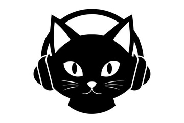 Canvas Print - Cat head wearing headphones silhouette black color  vector art illustration