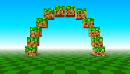 Poster - Arch shape made of 3D cubes in retro pixel game style. Voxel cubes with grass and ground, in the shape of a gate