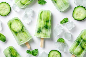 Mint and Cucumber Popsicles on a white background with ice cubes and fresh mint leaves