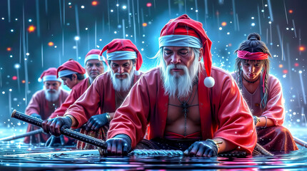 A group of people dressed as Santa Claus playing a game of samurai swords